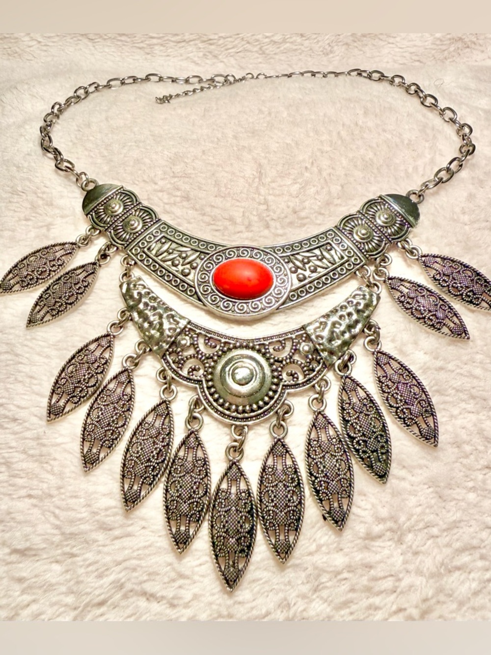 Vintage Y2K Tribal Bohemian Silver Statement Necklace with Red Accent